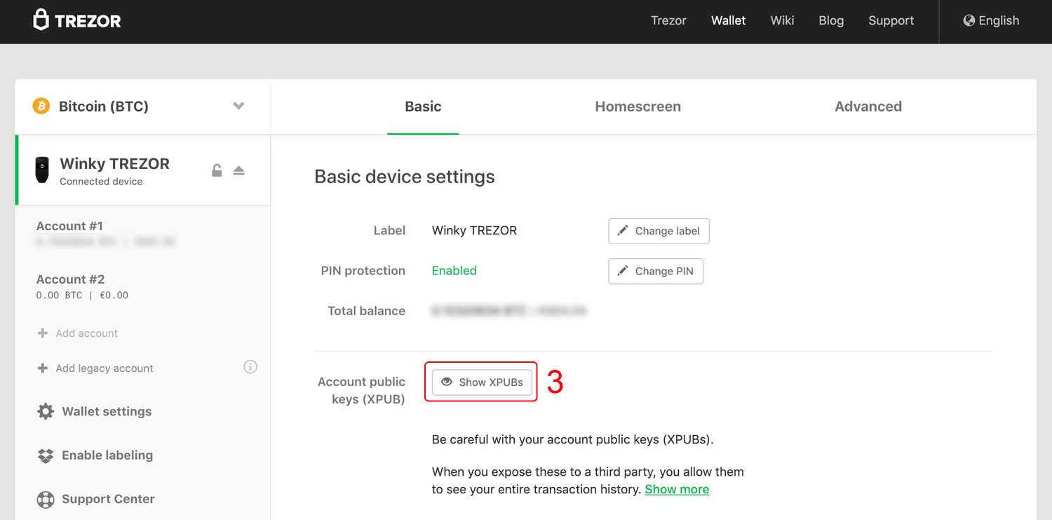 Step 3 of obtaining your ypub from a Trezor hardware wallet