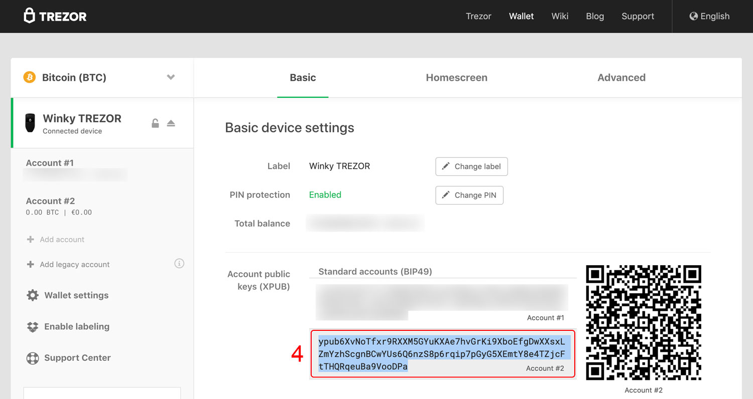 Step 4 of obtaining your ypub from a Trezor hardware wallet