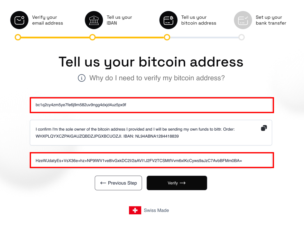 Paste Signature and Bitcoin Address on the Bittr Website and click "Verify"