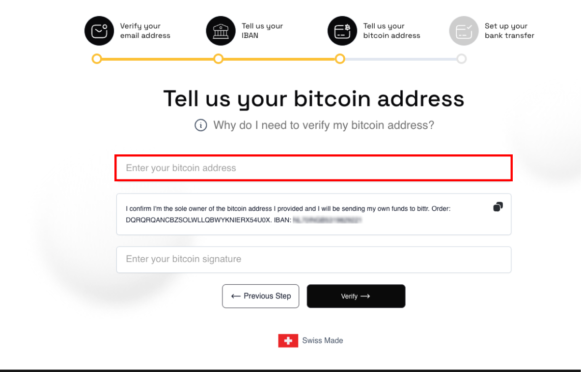 Paste Bitcoin Address from Green on the bittr website