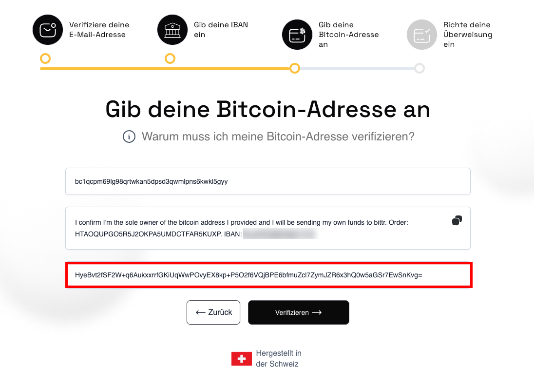 Füge die Signatur auf der Bittr Webseite ein