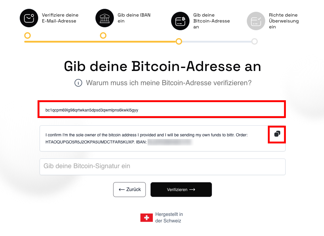 Füge die Bitcoin Adresse aus der Green Wallet hier ein und kopiere anschließend die zu signierende Nachricht