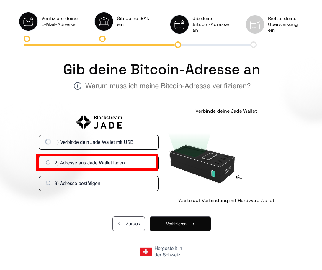 klicke “Adresse aus Jade Wallet laden”